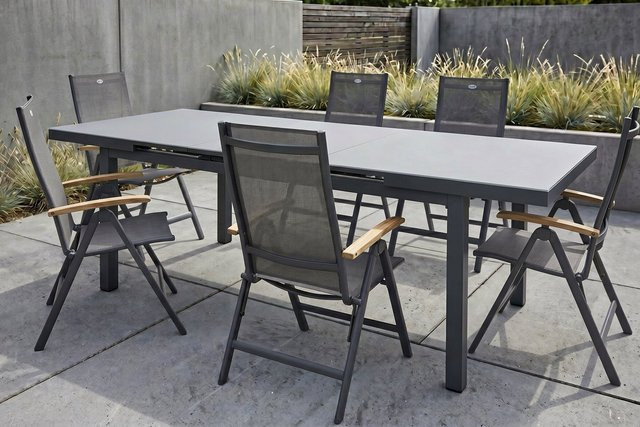 Hartman Aruba Teak Garten-Essgruppe in Anthrazit mit ausziehbarem Tisch und 6 Klappstühlen aus Alu und Textilene - Bild 1