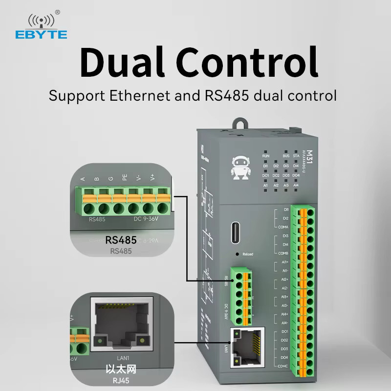 CDEBYTE Remote IO Modbus Distributed IO M31-AFAX4440G-U mit DI/DO/AO/AI, RS485, RJ45 Ethernet/LAN und Erweiterungsmodul, Grau - Bild 3