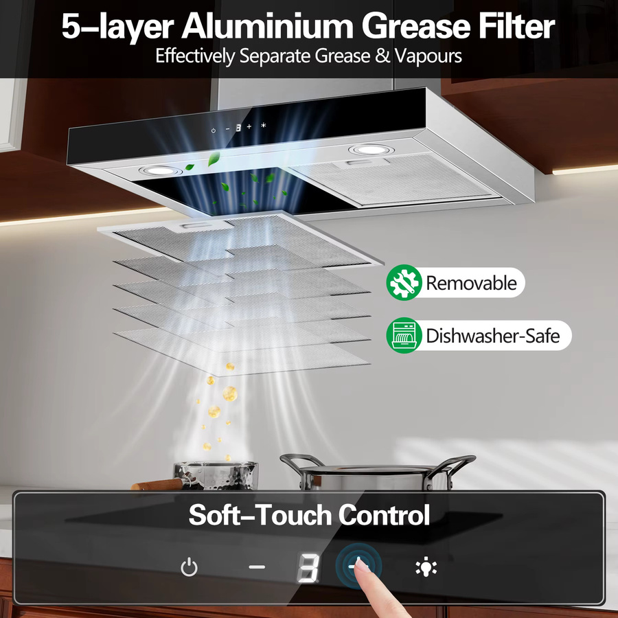 Topstrong Küchenhaube aus Edelstahl in Silber, Wandmontage, 60 cm Breite, 400 m3/h, A+++, leiser Abluftventilator mit LED-Touch-Control, 52 dB - Bild 2