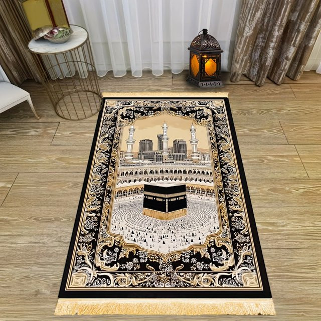 VIKAMA Muslimische Gebetsmatte in Schwarz mit ethnischem Design und rutschfester Rückseite - Bild 1
