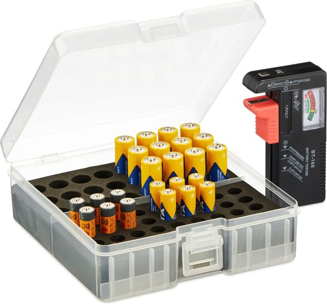 Relaxdays Batteriebox aus Kunststoff in Transparent und Schwarz mit integriertem Tester, B/T/H: 15 x 15 x 5,5 cm - Bild 1