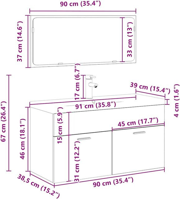 vidaXL 3-teiliges Badmöbel-Set in Altholz-Optik mit Waschtischunterschrank, Spiegelschrank und Wandunterschrank, Braun und Weiß - Bild 2
