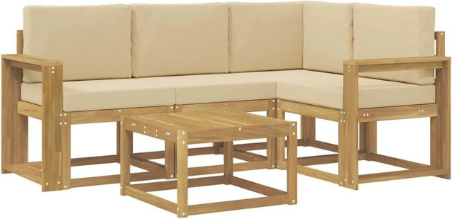 vidaXL Outdoor-Sofagarnitur 5-tlg. in L-Form aus Akazienholz mit Kissen in Weiß und Beige - Bild 1