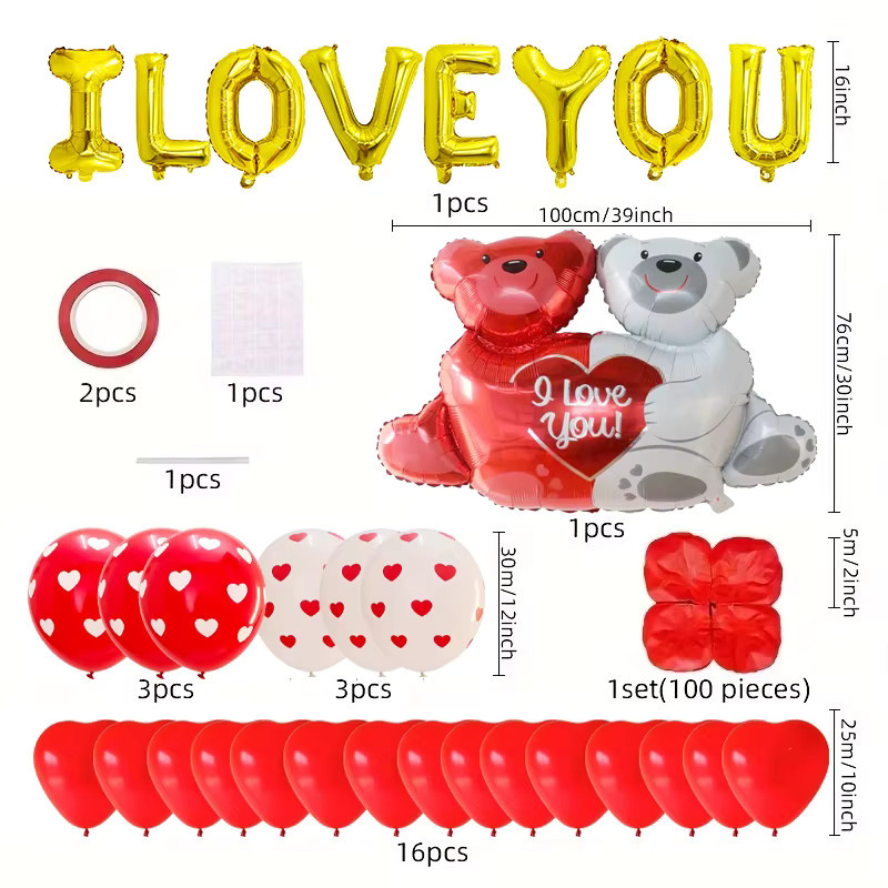 YAYB Folienballon-Set für Valentinstag und Jahrestag mit I Love You Buchstaben, Herzballons und Bär in Rot - Bild 3