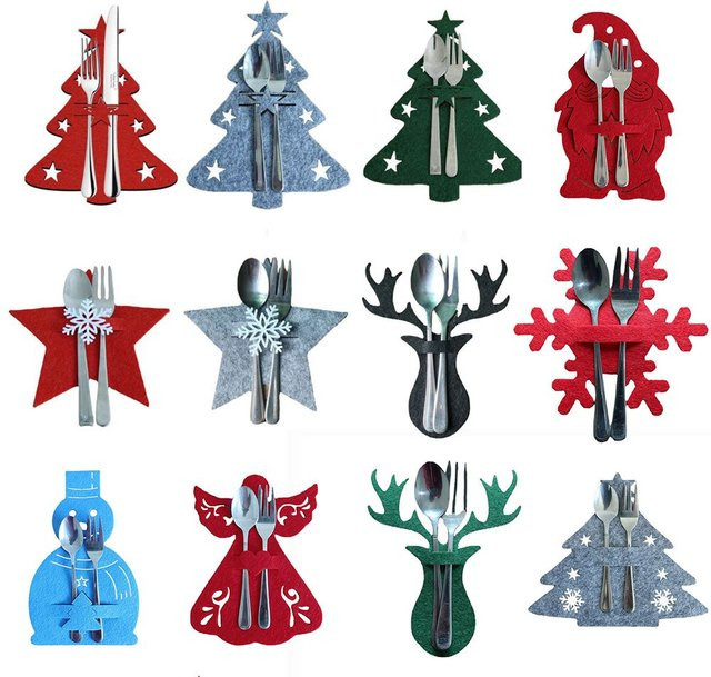 4er Set Weihnachts Bestecktaschen aus Vlies mit Santa Claus, Schneeflocken und Elch Motiven zur Aufbewahrung von Messer und Gabel - Bild 1