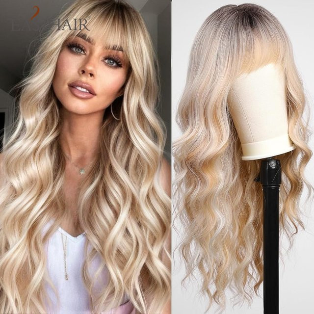 EASIHAIR Synthetik-Perücke, lange blonde Ombre-Braun-Perücke, wassergewellt, mit Pony, Damen - Bild 1