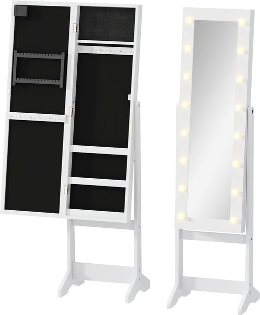 HOMCOM LED Schmuckschrank mit Spiegel und integrierter Beleuchtung, Standspiegel mit Schmuckregal und Schubladen, Cremeweiß, Höhe: 136 cm - Bild 1