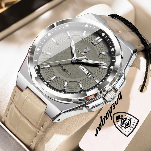 POEDAGAR Armbanduhr Quarz, Leder, Silber, Herren, Datum, Wochentag - Bild 1