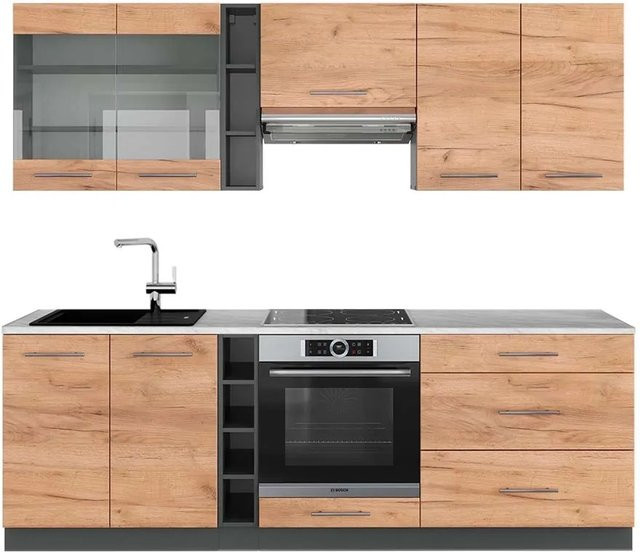 Vicco Fame-Line Küchenzeile Goldkraft Eiche/Anthrazit mit Marmor-Optik, B: 235 cm - Bild 1