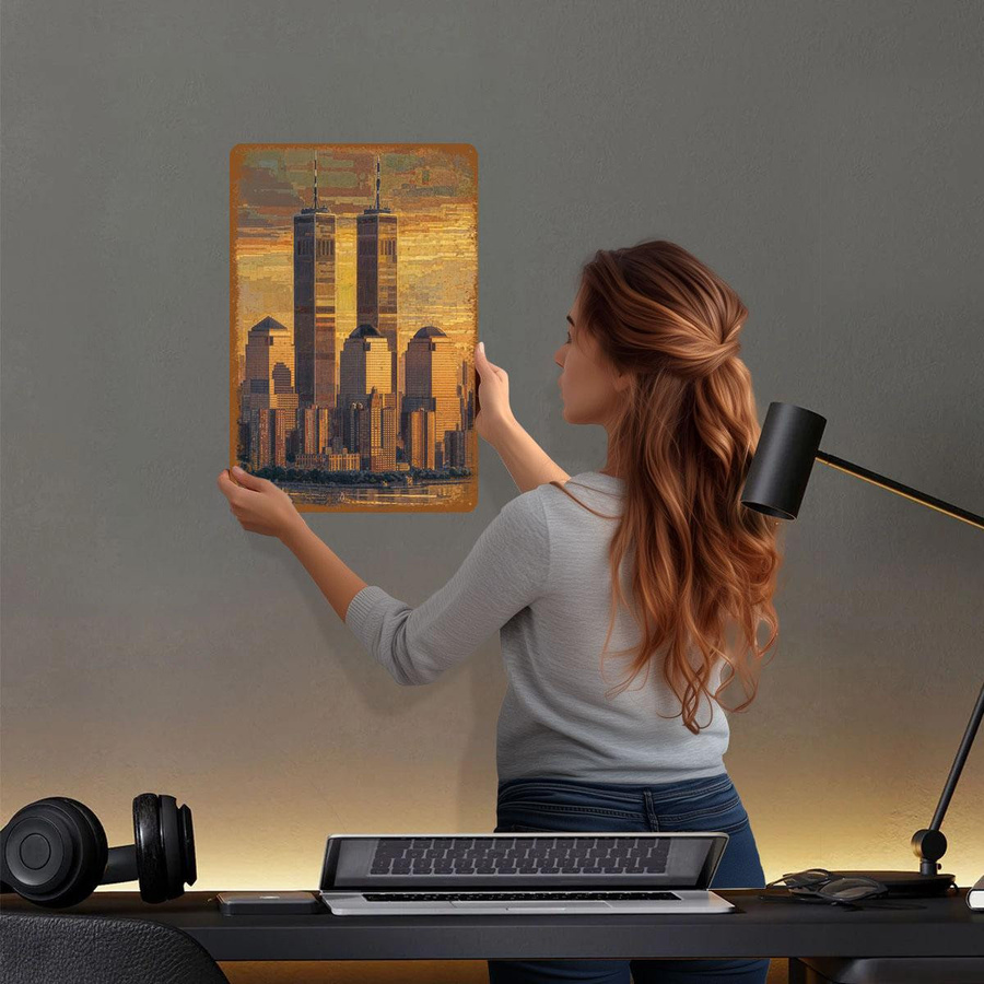ZX ART Metallschild New York Stadtsilhouette Zwillingstürme Manhattan Gold B/H: 20 x 30 cm - Bild 4