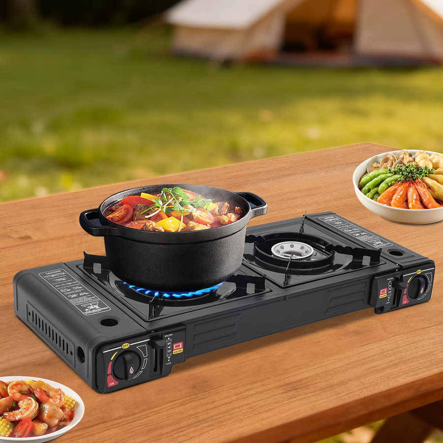 Bymaocar Tragbarer Camping-Gaskocher mit 2 Brennern, 2500 W pro Brenner, Butan-LPG-Dual-Fuel, Piezo-Zündung und Überdruckschutz, Schwarz - Bild 6