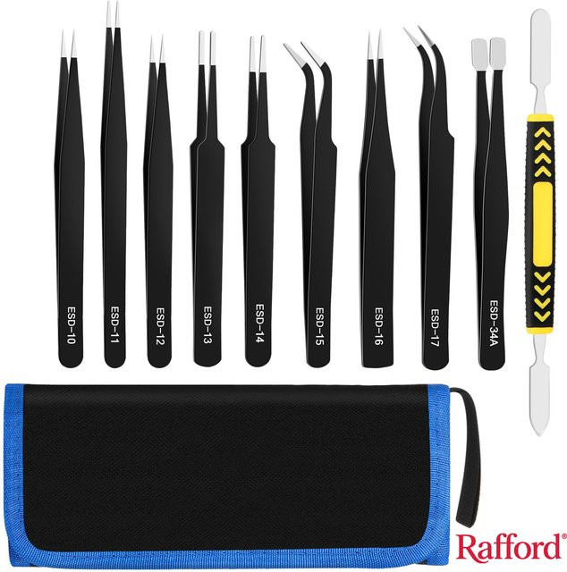 Rafford 10-teiliges ESD-Präzisionspinzetten-Set aus Edelstahl in Silber und Schwarz, antistatisch und antimagnetisch für Elektronik, Handwerk und Labor - Bild 1