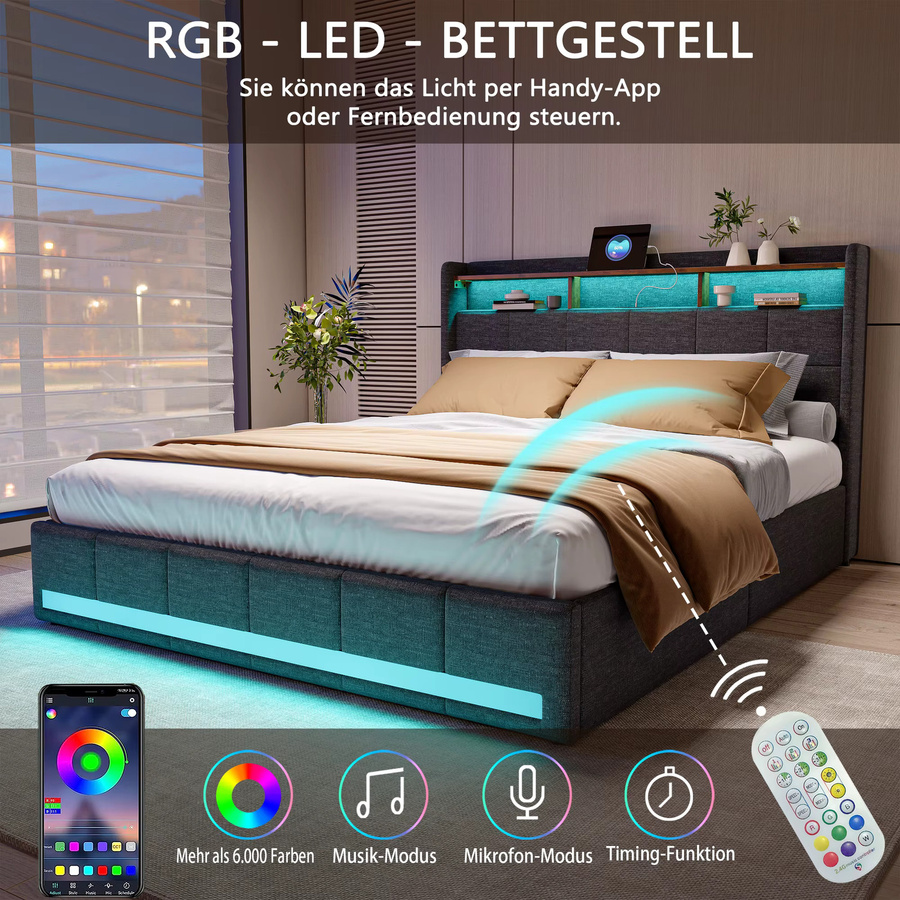 Multifunktionales Doppelbettgestell HYNHXBP aus Leinen in Grau mit LED-Beleuchtung, USB-Ladestation und Aufbewahrungsschubladen, B/T/H: 160 x 200 cm - Bild 2