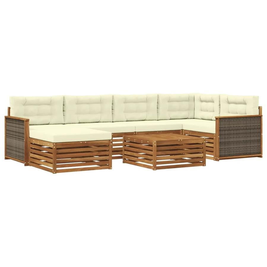 vidaXL Outdoor-Sofagarnitur L-Form aus Akazienholz mit 7 Kissen in Natur und Creme - Bild 2