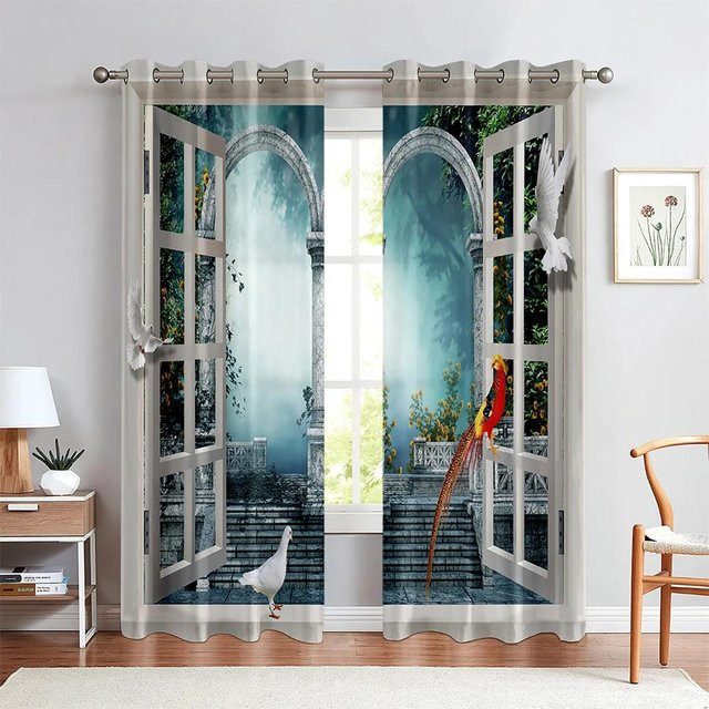Yiran Furniture Vorhänge mit 3D-Druck Landschaftsmotiv Wald und Meer, 2er-Set, halbtransparent, Mehrfarbig, B: 135 cm, H: 165 cm - Bild 1