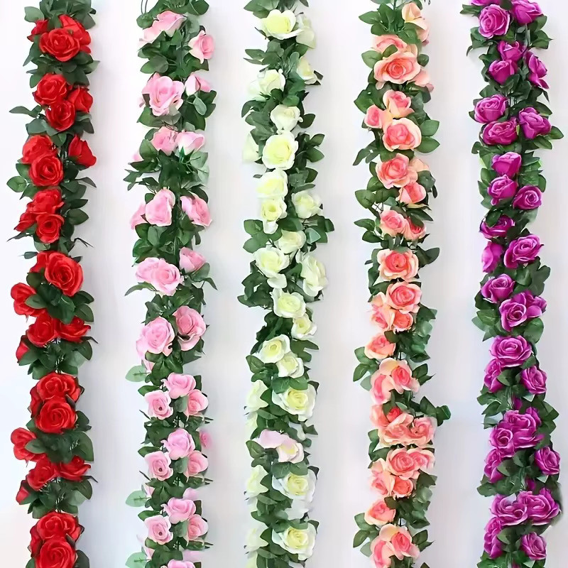 MENGHAO Künstliche Rosenblumen-Girlande in Rot und Pink für deine Hochzeits-, Garten- und Wanddekoration, Länge: 2,3 m - Bild 2