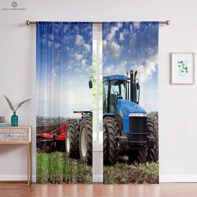 Yiran Furniture 2er-Set Druckfenstervorhänge mit 3D-Traktor-Motiv in Blau, halbtransparent, B: 50 cm, H: 160 cm - Bild 1
