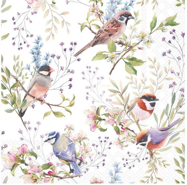 Serviette Busy Birds aus Papier mit Frühlingsmotiv und Vögeln, B/T: 33,0 x 33,0 cm - Bild 1