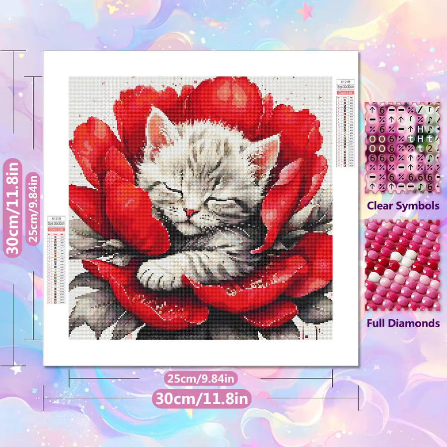 HUACAN Diamantmalerei Set Katze mit Blumen als DIY Mosaik-Stickerei für Erwachsene und Kinder, Rund, Mehrfarbig - Bild 2