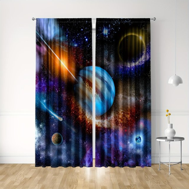 2er-Set Yiran Furniture Vorhänge mit 3D-Digitaldruck Galaxie Sternenhimmel und Astronaut, halbtransparent, Mehrfarbig, B: 60 cm, H: 50 cm pro Stück - Bild 1