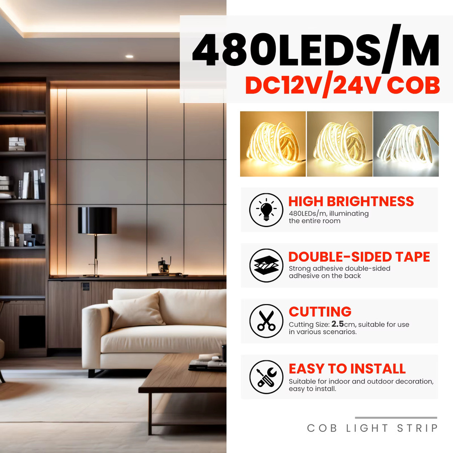 XUNATA COB LED Strip Light IP68 wasserdicht, flexible LED-Diodenleiste mit hoher Dichte, weiß, Silikon-Gehäuse - Bild 3