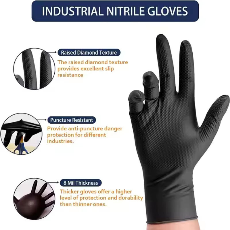 YUMARCH Nitrilhandschuhe in Schwarz mit diamantstrukturierter Oberfläche, 8 Mil Stärke, Einweghandschuhe für industrielle Anwendungen und Sicherheit, Größe L - Bild 2