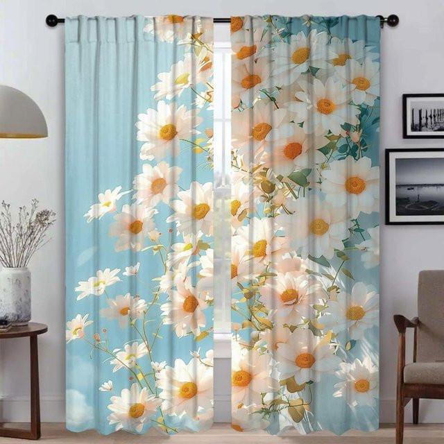 2er-Set semi-transparente Tüll-Küchenvorhänge mit floralem Frühlingsblumen-Design in Blau, Breite: 50 cm, Höhe: 70 cm - Bild 1