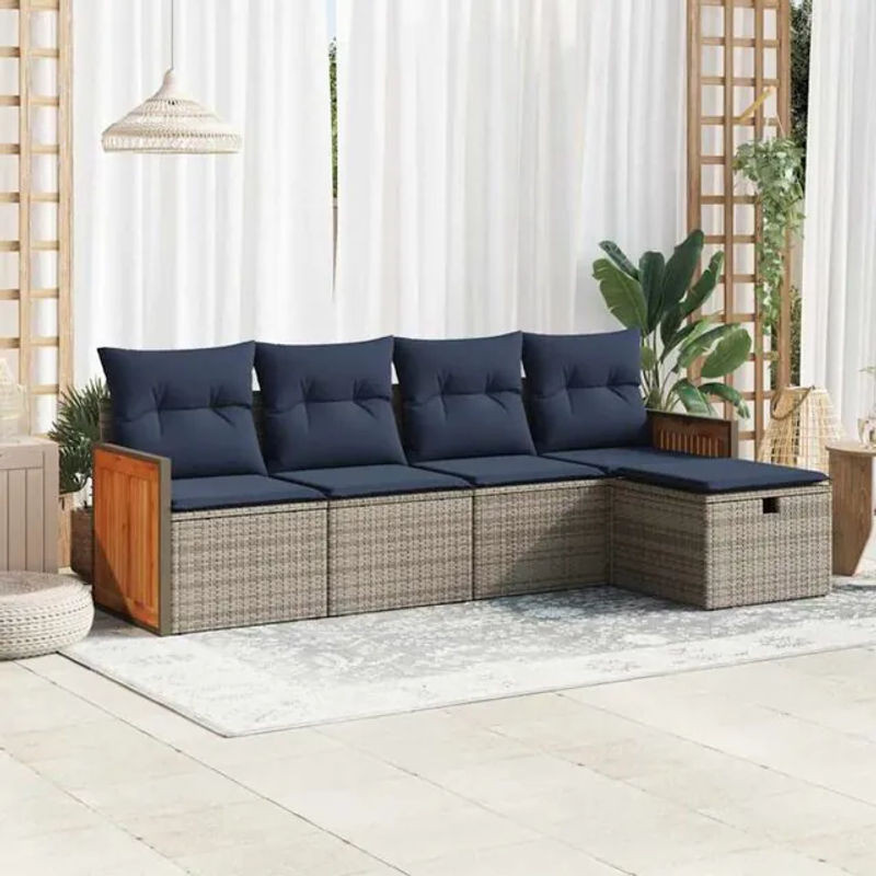 Vidaxl 5-tlg. Garten-Sofagarnitur aus Polyrattan und Stahl mit Kissen in Grau und Blau - Bild 1
