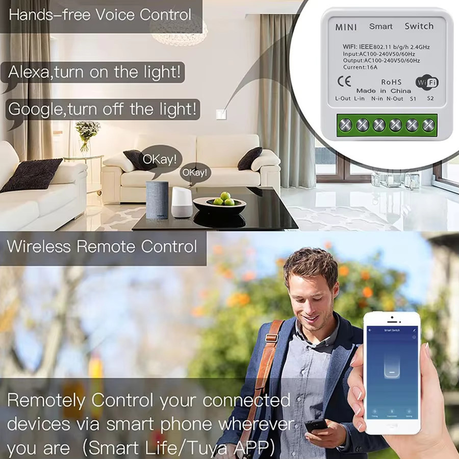 Tuya WiFi Smart Switch für 2-Wege-Steuerung, Drahtloses Leistungsrelais 16A 20A in Weiß, Smart Life App und Sprachsteuerung mit Alexa und Google Home - Bild 5