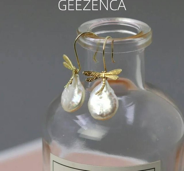 Geezenca Ohrringe, Libelle, Barock Perle, 925 Silber, Gold, Damen - Bild 1