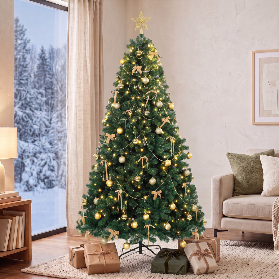 HOMCOM Künstlicher Weihnachtsbaum in Grün mit 240 LED-Lichtern, 755 PVC-Zweigen und Dekoration wie Stern, Kugeln und Schleifen, Höhe: 180 cm - Bild 2