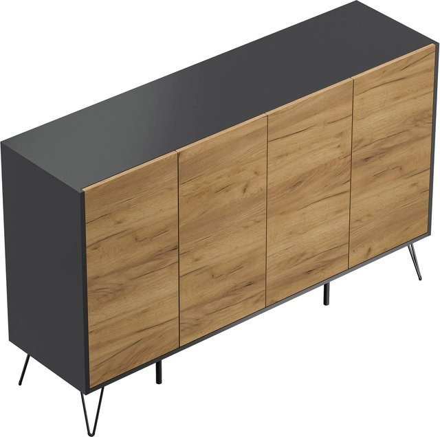 Posseik Sideboard Industrial mit 4 Schubladen und 4 Türen in Grafit und Eiche, Breite: 155 cm - Bild 1