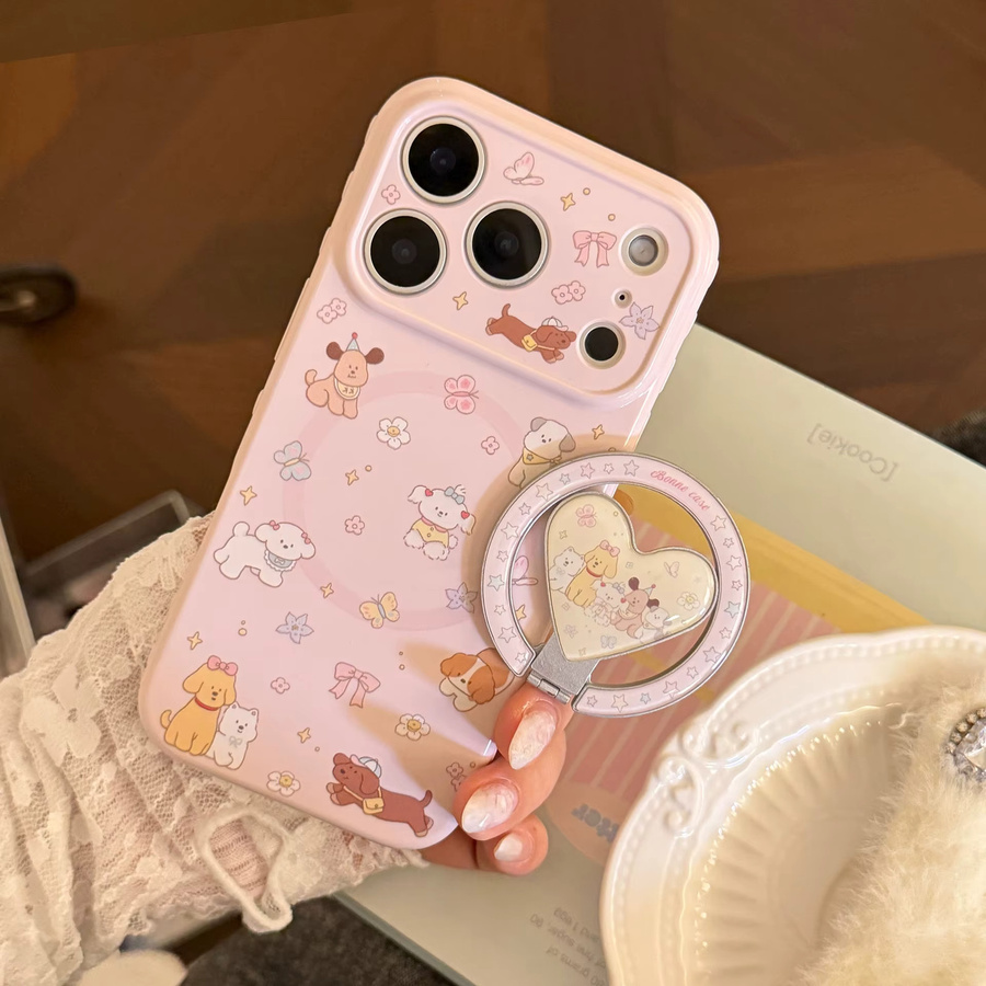 Stoßfeste Apple iPhone Handyhülle mit Koreanischem Cartoon-Welpen-Design und Herz-Magnetständer in Gelb für iPhone 17 16 15 14 13 Pro Max - Bild 2