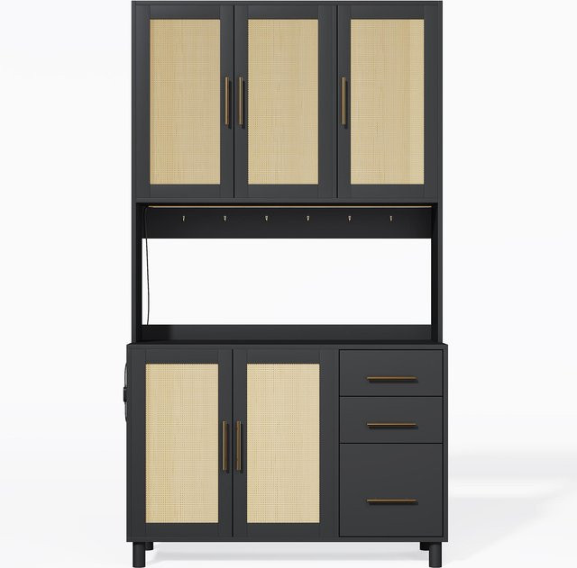 Küchenanrichte TG Electrical DE im Mid-Century Design mit Rattanfinish, goldenen Metallgriffen und integrierter LED-Beleuchtung, Schwarz, B/T/H: 100 x 40 x 183 cm - Bild 1