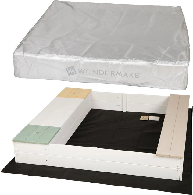 WONDERMAKE Design Sandkasten mit Matschküche aus Holz in Weiß Bunt mit Abdeckung und Vliesfolie - Bild 1