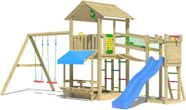 Jungle Gym Spielturm Cascade aus Holz mit 2 Schaukeln, Brücke und Rutsche in Blau - Bild 1