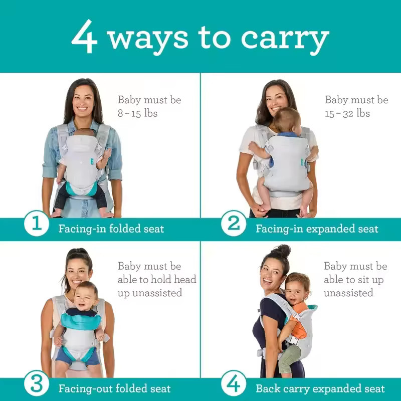 Multifunktionale 4-in-1 Babytrage für Neugeborene und Kleinkinder als dehnbare Tragetasche und Känguru-Tasche in Grau und Grün - Bild 4