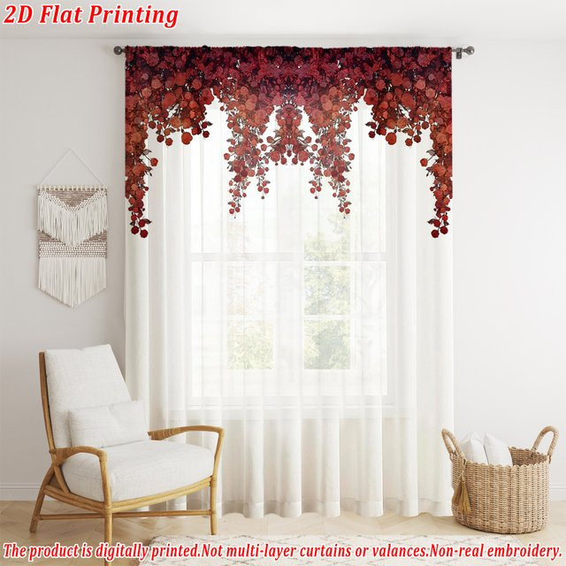 Transparenter Vorhang mit rotem Blumenmuster aus hellem Stoff für Wohnzimmer und Schlafzimmer, Farbe: Transparent/Rot/Weiß, Breite: 132 cm - Bild 1