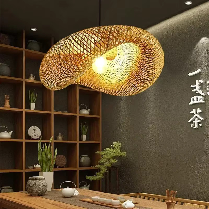 YANKE LED-Pendelleuchte aus handgefertigtem Bambus und Rattan in Braun, Vintage Boho Design für Wohnzimmer und Küche - Bild 3