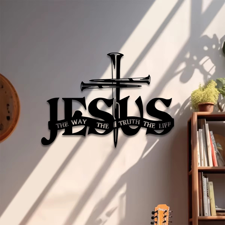 DDPNKL Jesus-Wanddekoration aus Metall in Schwarz mit Kreuz, betenden Händen und Jesus-Schriftzug - Bild 2