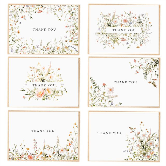 6er-Set florale Dankeskarten mit Kraftumschlägen und passenden Aufklebern aus Papier für Hochzeiten, Brautpartys, Abschlussfeiern und Geburtstage - Bild 1