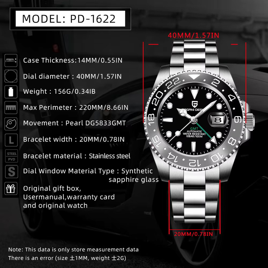PAGANI DESIGN Armbanduhr GMT, Automatik, Edelstahl, 40 mm, Unisex - Bild 5