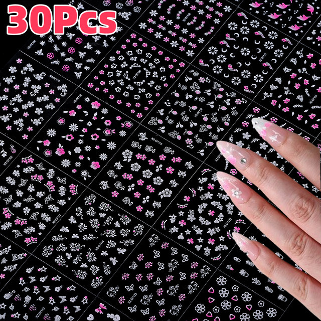 MAFANAILS Nagelaufkleber, 3D Mini Blumen, rosa weiß, 30 Stück - Bild 1