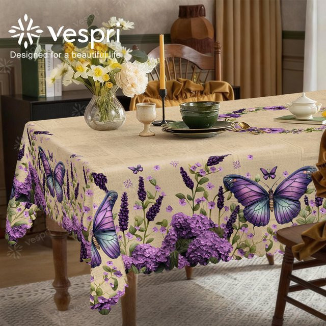 Vespri Tischdecke mit Frühlings-Blumen- und Schmetterlingsmuster in Lila und Beige aus Polyester, Durchmesser: 152,4 cm - Bild 1