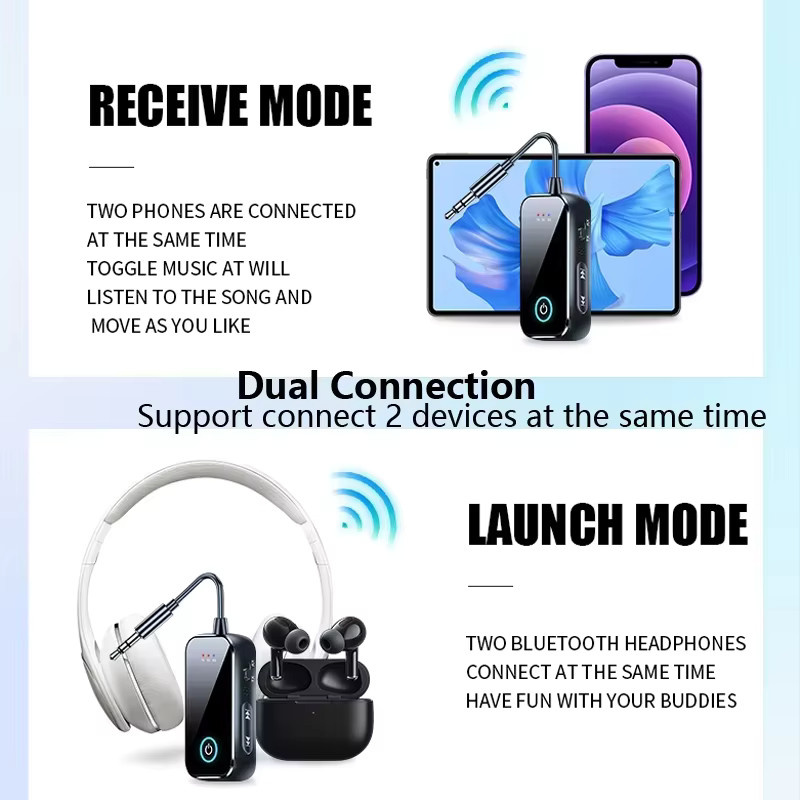 Kebidumei 2 in 1 Bluetooth 6.0 Audio Sender und Empfänger mit Mikrofon, HiFi Stereo Wireless Adapter mit 3,5 mm Klinke, Schwarz - Bild 3