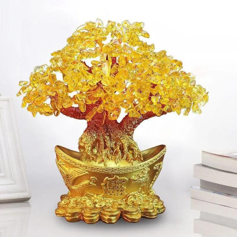 Yiran Furniture Glücksgeldbaum mit chinesischen Goldbarren und Kristallen in Gold für Feng Shui als Tischdekoration - Bild 3