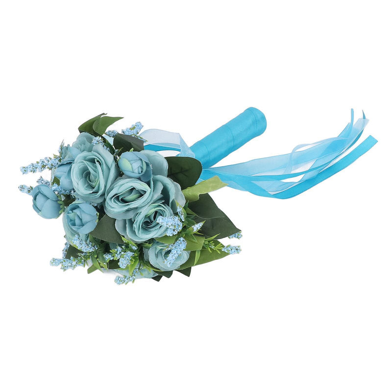 Tooarts Künstlicher Hochzeitsstrauß mit Rosen und grünen Blättern in Seeblau - Bild 2