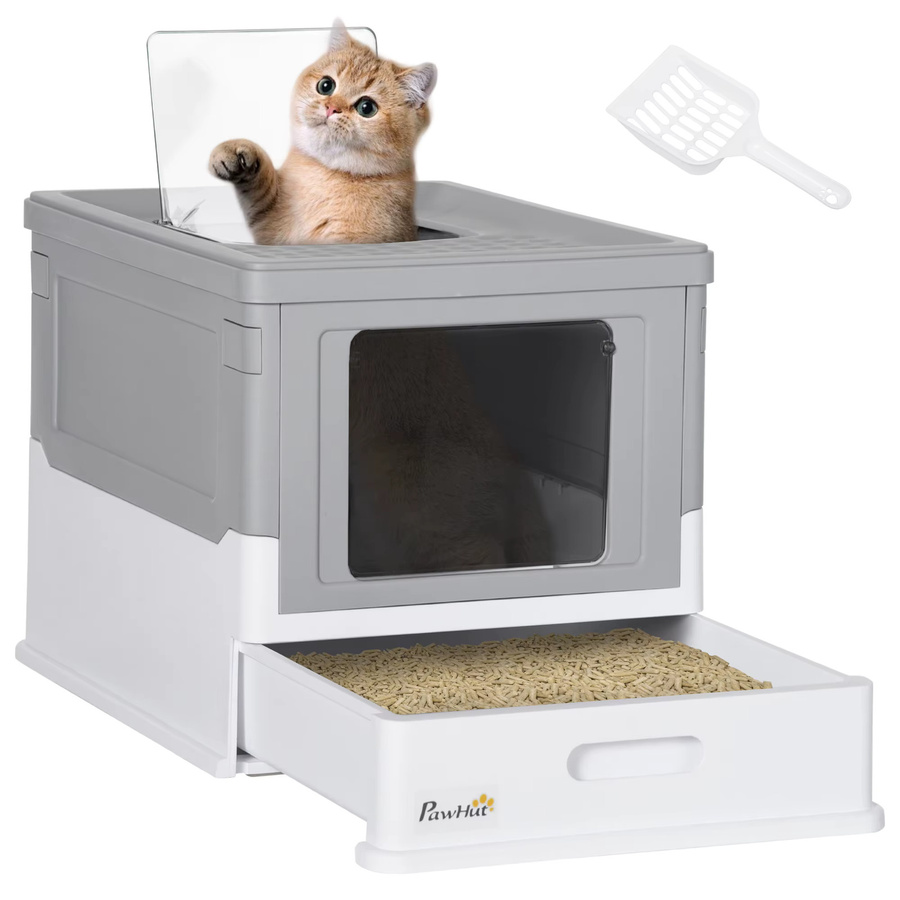 PawHut Katzentoilette mit Deckel und Haube inklusive Schaufel und ausziehbarem Tablett in Grün oder Weiß - Bild 2