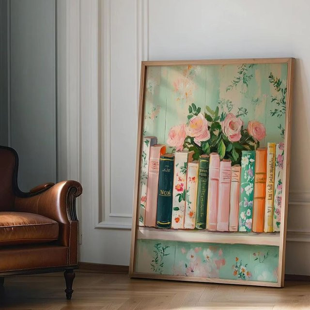 Vintage Bibliothek Poster mit Typografie und floralen Elementen als Kunstdruck in Mehrfarbig - Bild 1