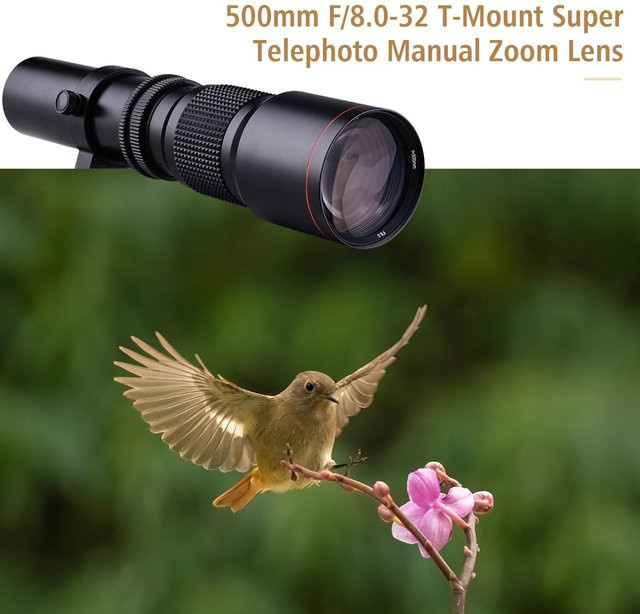 Shoemst Super-Teleobjektiv Set 500mm f/8.0 mit T-Mount auf F-Mount Adapterring in Schwarz - Bild 1